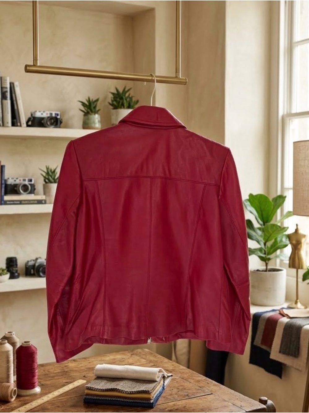 Alfani Women's Raspberry-Red Leather Zip Jacket - Picture 2 of 3